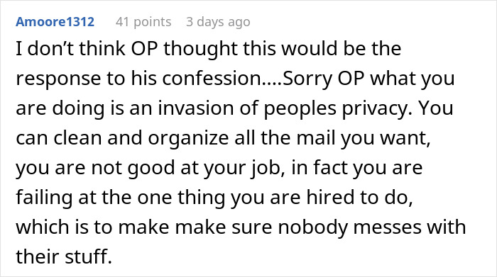 Reddit comment criticizing a guy confessing to housesitting for people to try on their clothing for thrills.