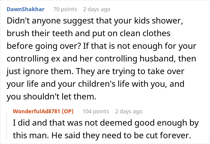 Screenshot of a forum discussion about a dad refusing to change kids&rsquo; diet for ex&rsquo;s new husband&rsquo;s rules.