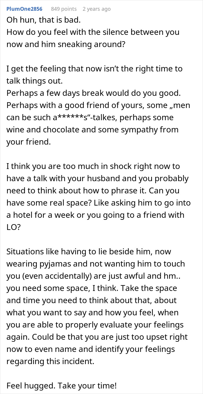 Text comment offering advice on handling feelings and space after a man admitted he found wife repulsive on first date.