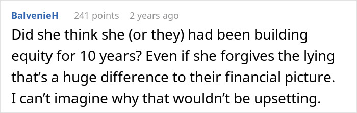 Screenshot of a forum comment discussing the husband who doesn&rsquo;t know how to come clean about a lie told 10 years ago.