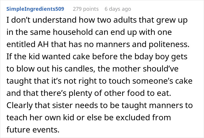 Comment discussing lady excluding nephew from son's birthday over past behavior, mentioning calls of fatphobia from sister.