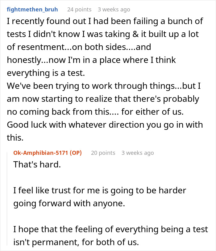 Reddit conversation about trust issues after girlfriend fakes pregnancy as a test of love causing relationship strain. Reddit conversation about trust issues after girlfriend fakes pregnancy as a test of love causing relationship strain.
