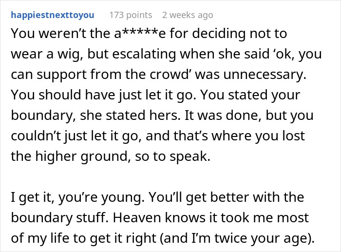Comment discussing woman refusing to wear a wig at brother's wedding and boundary setting in a conflict scenario. Comment discussing woman refusing to wear a wig at brother's wedding and boundary setting in a conflict scenario.