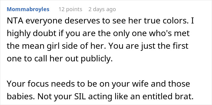 Screenshot of an online comment discussing posting SIL's texts and making her look bad in a family conflict.