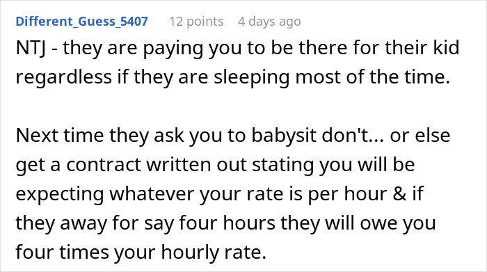 Comment advising that babysitters should be paid regardless if the baby falls asleep during babysitting.