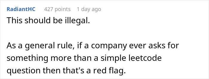 User comment expressing frustration about interview tasks beyond simple coding questions being a red flag during interviews. User comment expressing frustration about interview tasks beyond simple coding questions being a red flag during interviews.
