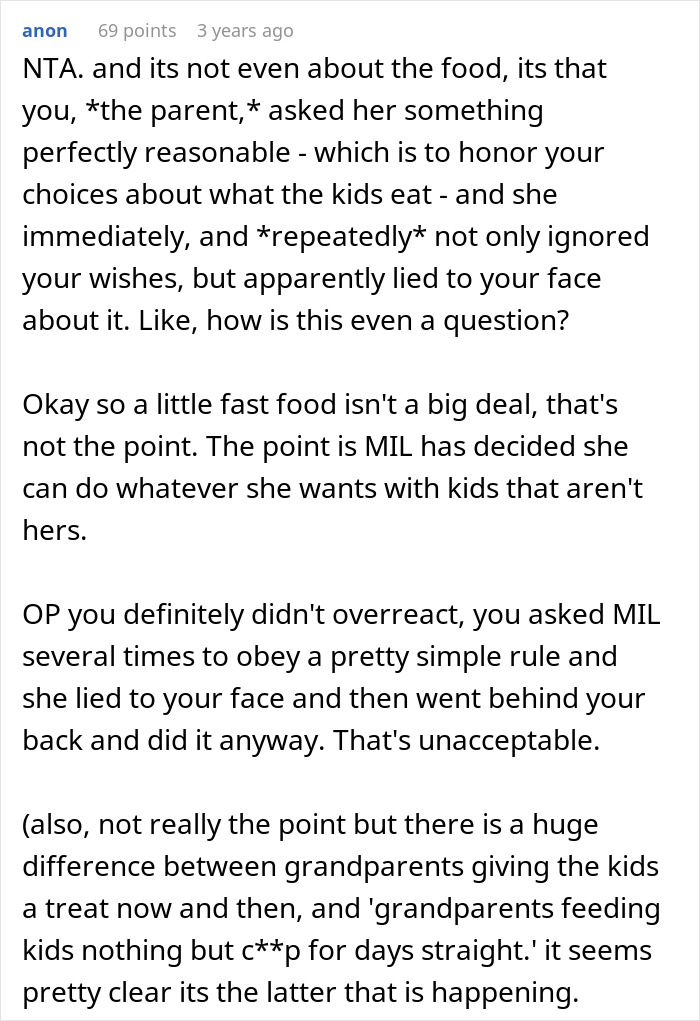 Comment discussing mom refusing to leave kids with MIL after repeated fast food feeding against parental wishes.