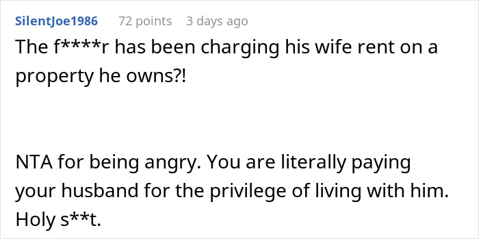 Reddit comment discussing paying rent unknowingly to husband and his mom for two years, expressing anger and disbelief.