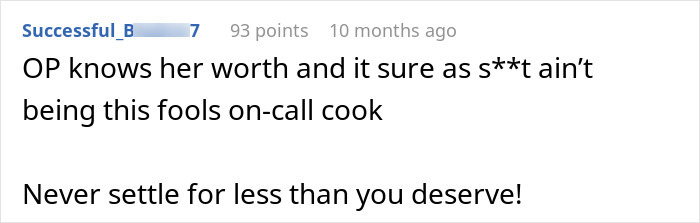 Screenshot of a forum comment praising a girlfriend for not settling and rejecting a guy demanding dinner at 2AM. Screenshot of a forum comment praising a girlfriend for not settling and rejecting a guy demanding dinner at 2AM.