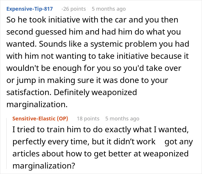 Screenshot of a Reddit conversation discussing weaponized marginalization in a relationship involving a cross-country move.