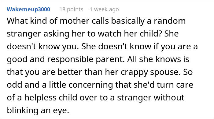 Comment discussing a woman needing a babysitter and questioning her choice of husband's ex as an option.