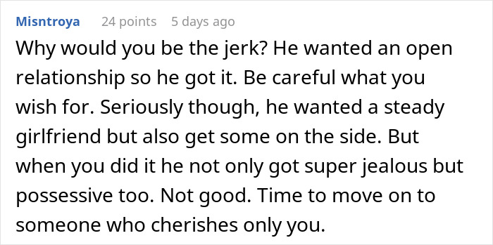 Comment discussing a hypocrite guy in an open relationship who gets jealous when his girlfriend has a one-night stand.