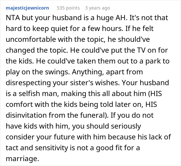 Reddit comment criticizing a husband for telling SIL&rsquo;s kids about their dad&rsquo;s passing and being banned from the funeral.