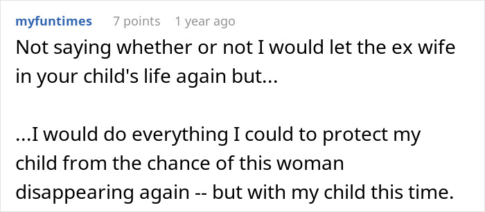 Screenshot of a user comment discussing a man raising newborn alone and concerns about his ex reappearing years later.