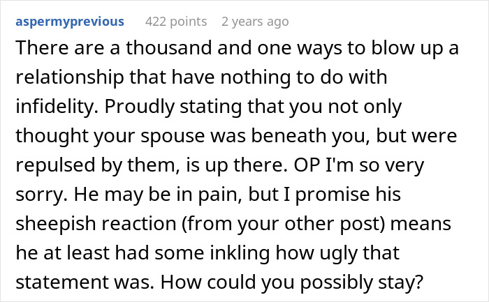 Screenshot of a Reddit comment discussing a man admitting he found his wife repulsive on their first date.