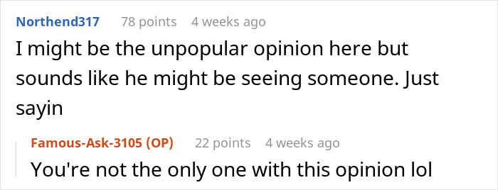 Screenshot of an online discussion where a user suggests a husband might be seeing someone after a pregnancy test surprise. Screenshot of an online discussion where a user suggests a husband might be seeing someone after a pregnancy test surprise.