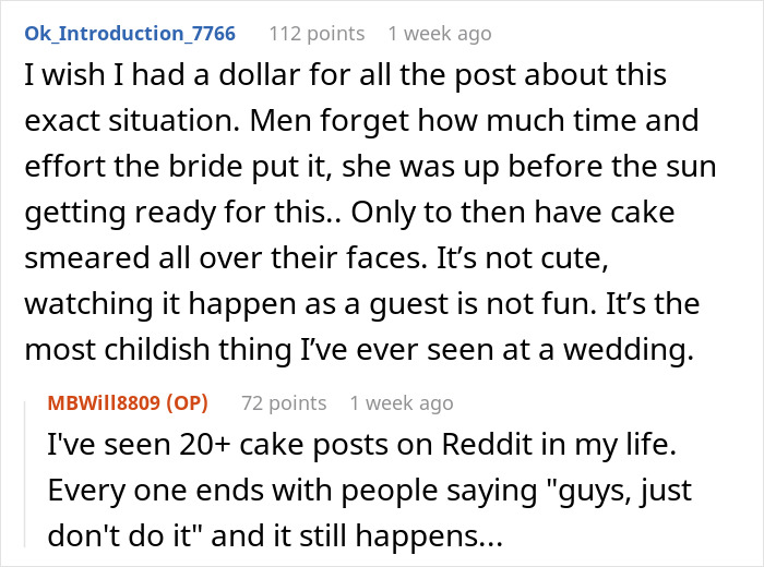 Reddit comments discussing groom smashes cake and accidentally hurts bride with a fork at a wedding event. Reddit comments discussing groom smashes cake and accidentally hurts bride with a fork at a wedding event.