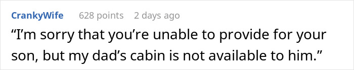 Text post with a person upset about refusing to give away their dad&rsquo;s cabin to a struggling stepbrother in a family dispute.
