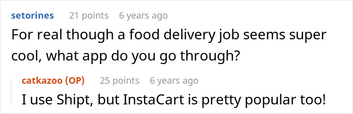 Screenshot of a conversation about food delivery apps mentioning Shipt and InstaCart in an online forum.