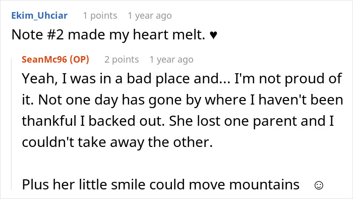 Screenshot of a Reddit conversation about a man raising newborn alone and his feelings when ex reappears years later.