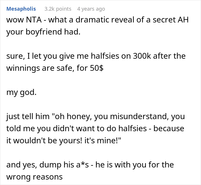 Screenshot of a social media comment discussing a woman winning $300k and her boyfriend claiming shared ownership.