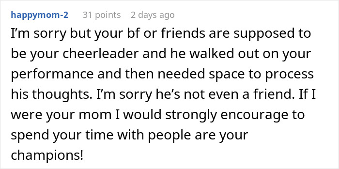 Comment discussing a boyfriend walking out during his girlfriend&rsquo;s school song performance showing lack of support.
