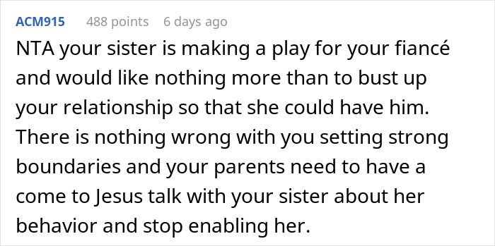 Reddit comment discussing a woman banned from wedding after making below-the-belt comments about sister&rsquo;s fianc&eacute;.