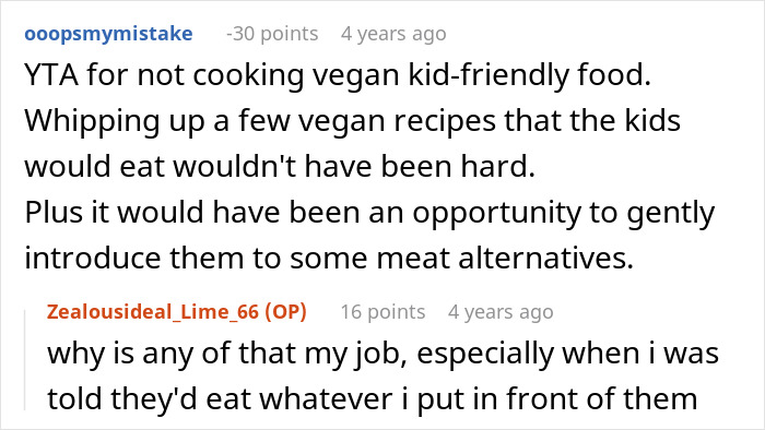 Screenshot of a Reddit discussion about feeding nieces junk food for three days and vegan kid-friendly meal options.