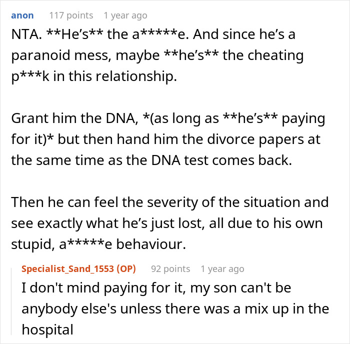 Comment thread discussing a woman wanting to end 24-year marriage after husband demands paternity test for their teen son. Comment thread discussing a woman wanting to end 24-year marriage after husband demands paternity test for their teen son.