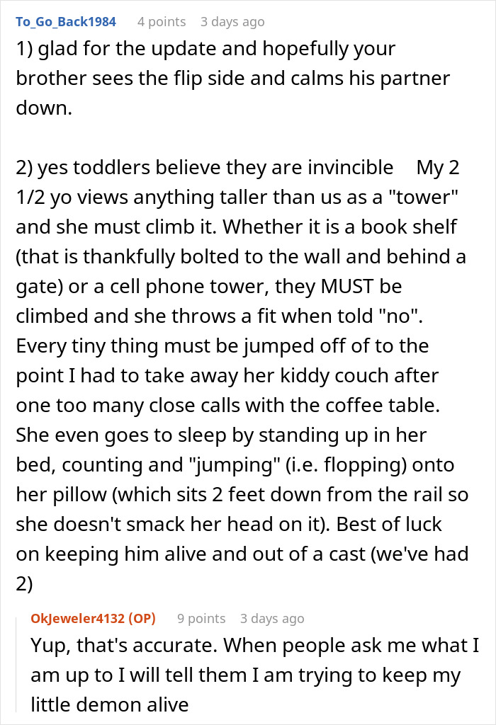 Commenter explains toddler behavior challenges and relates to AITAH for telling brother's GF about treating her kids differently.