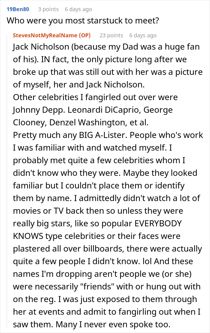Screenshot of a Reddit conversation where a user shares experiences dating a famous actress and meeting celebrities.