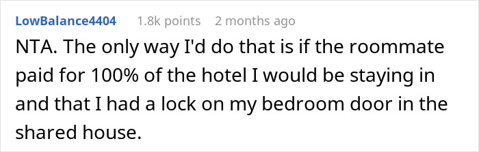 Screenshot of a Reddit comment discussing a student asked to leave house during roommate&rsquo;s party over guests&rsquo; comfort.