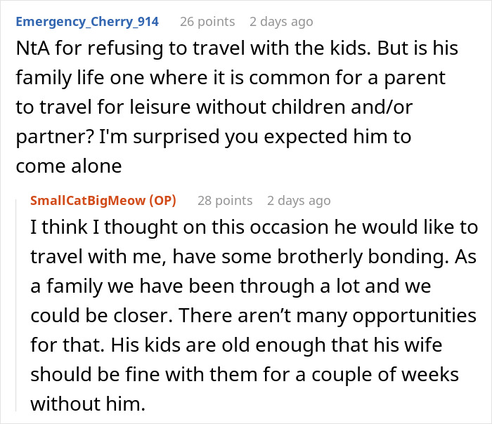 Reddit discussion about man planning life-changing trip after cancer, backing out due to brother&rsquo;s picky kids being invited.