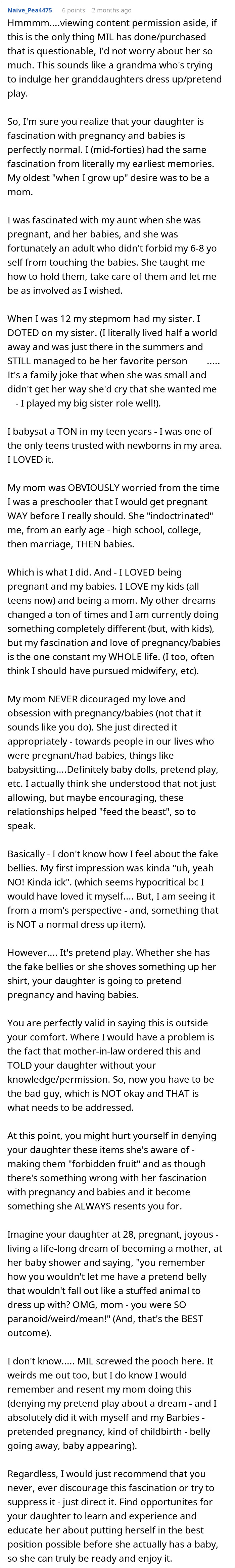 Mom furious over MIL&rsquo;s weird gift to pregnancy-obsessed 6-year-old causing family tension and pretend play concerns.