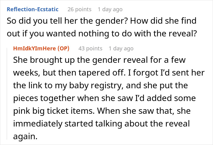 Reddit conversation about a mom stealing daughter&rsquo;s pregnancy announcement to avoid a gender reveal party.