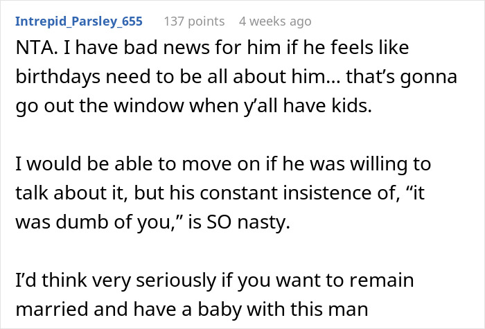 Screenshot of a forum comment discussing a wife surprising her husband with a pregnancy test as a birthday gift and his negative reaction. Screenshot of a forum comment discussing a wife surprising her husband with a pregnancy test as a birthday gift and his negative reaction.