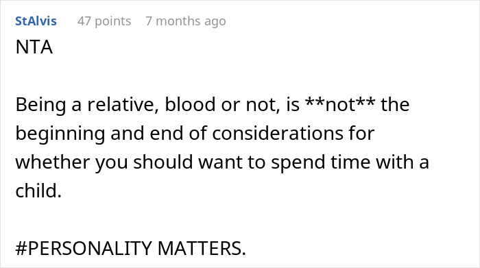 Screenshot of a Reddit comment discussing refusing kid outings with brother&rsquo;s kids, emphasizing personality matters.