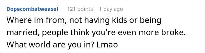 Comment about assumptions on finances related to being single with no kids, linked to distant cousin wedding funding request.