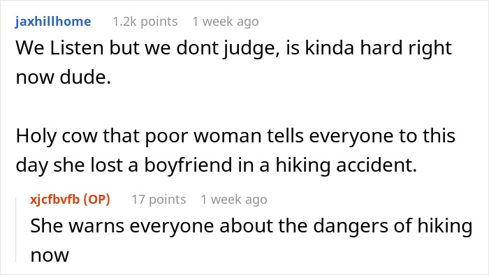Text conversation about a woman who lost a boyfriend in a hiking accident and warns others about hiking dangers. Text conversation about a woman who lost a boyfriend in a hiking accident and warns others about hiking dangers.