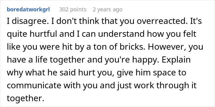 Comment on relationship advice forum discussing man who found wife repulsive on first date and her emotional response.