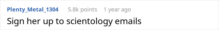 Comment on social media showing user suggesting to sign a horrible stepmom up for scientology emails after being blocked in a dispute.