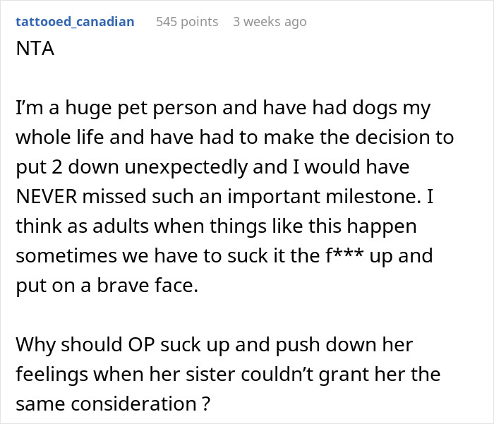 Reddit comment discussing maid of honor missing sister&rsquo;s wedding after losing dog and feeling hurt by being ditched too.