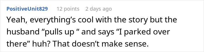 Comment discussing confusion about a husband&rsquo;s parking spot and a woman trying to save it by standing in it.