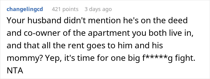 Screenshot of a Reddit comment discussing unknowingly paying rent to husband and his mom for two years in a relationship conflict.