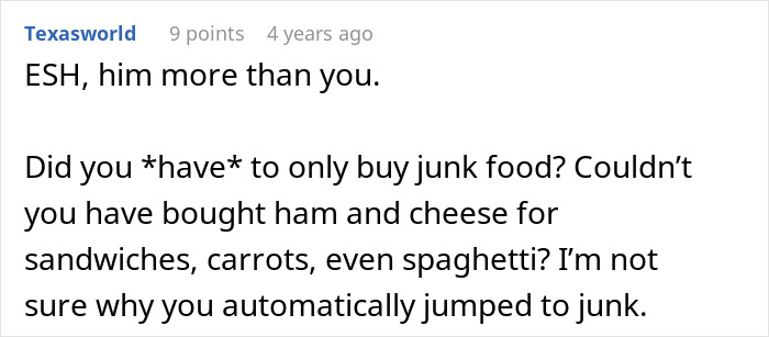Screenshot of an online comment discussing feeding nieces junk food and suggesting healthier alternatives like sandwiches and carrots.