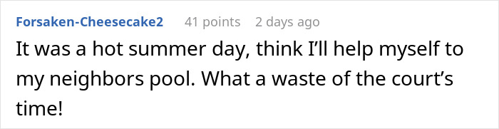 Screenshot of a social media comment about neighbors sending their relatives to use the pool without consent on a hot summer day.