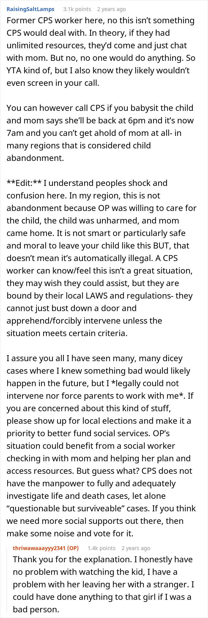 Screenshot of Reddit comments discussing child abandonment and CPS intervention after woman leaves child with stranger roommate briefly.