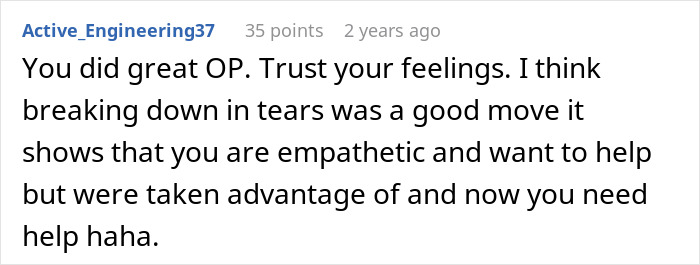 Screenshot of a Reddit comment showing support after a woman almost got scammed at the store and learned her lesson. Screenshot of a Reddit comment showing support after a woman almost got scammed at the store and learned her lesson.