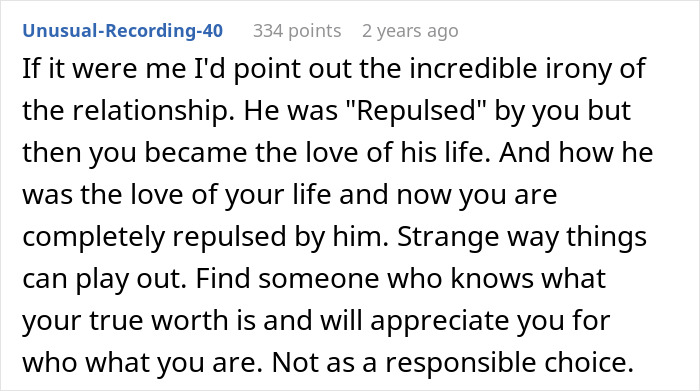 Screenshot of a Reddit comment discussing a man admitting he found his wife repulsive on their first date and relationship irony.