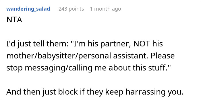 Screenshot of an online forum comment advising to set boundaries with helicopter parents treating partner like a nanny and planner.